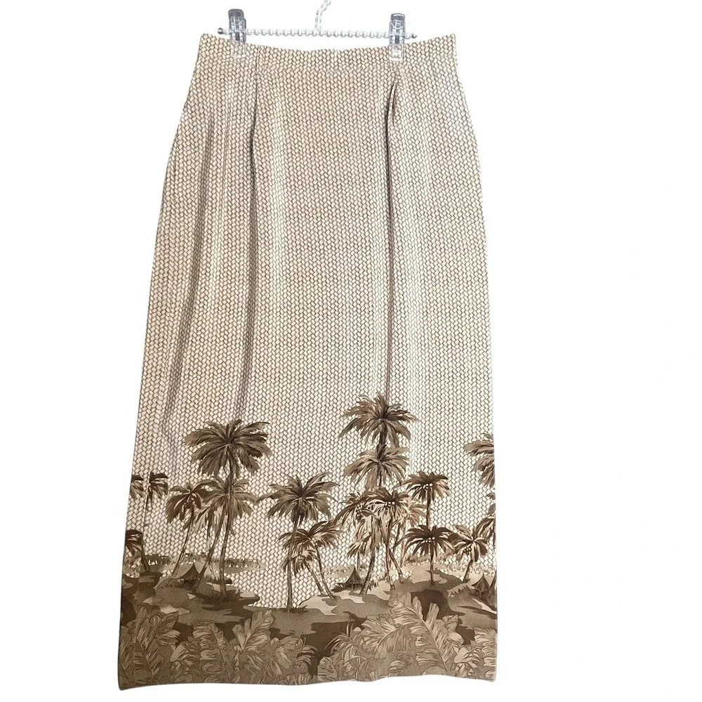 Vintage 90s Silk Maxi Skirt 12 Tropical Safari Resort Earthy Old Money Palm Tree